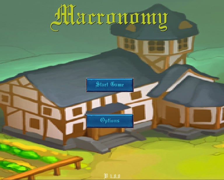 Macronomy game main menu showing a medieval farm house and field with start game and options buttons