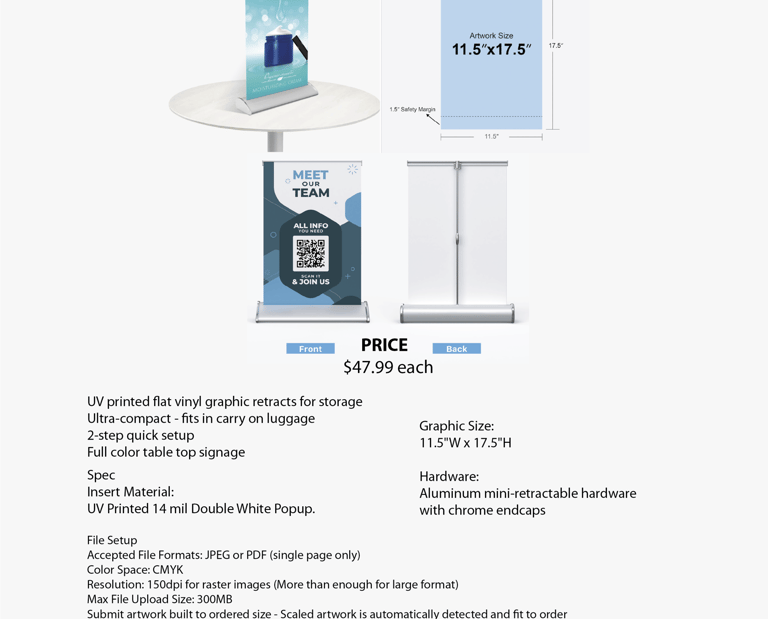 Small table top retractable stand for events