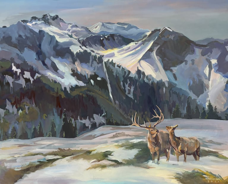 'Echoes of Nature' 24x30 inches Mountain Landscape with Elk Oil Painting by Angela Moiseieva