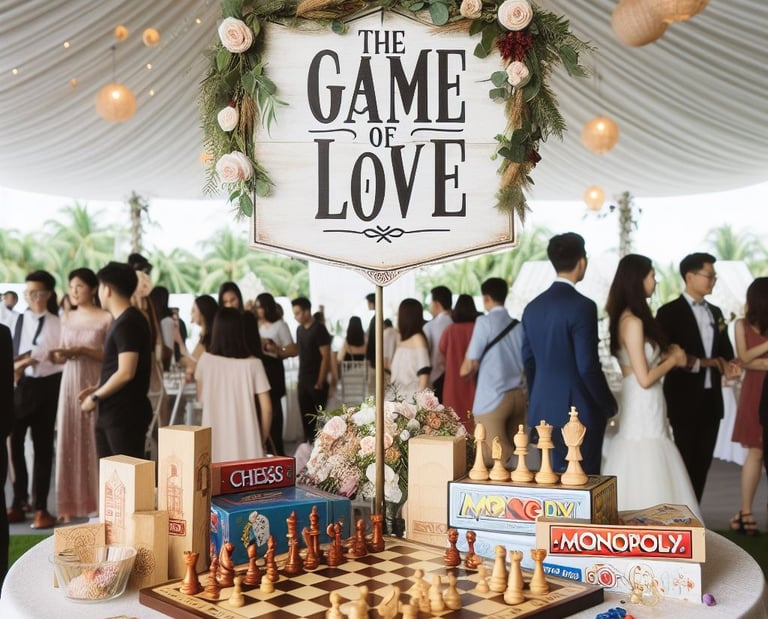 Décoration de mariage et invités lors d'un vin d'honneur. des jeux géants en bois sont proposés