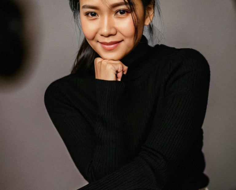 a woman in a black sweater and white pants