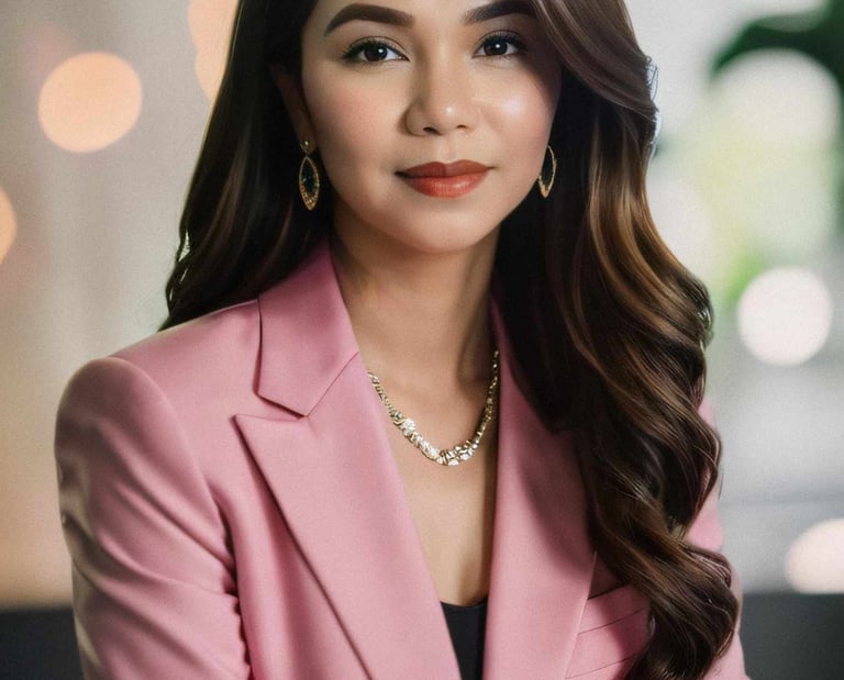 a woman in a pink suit and earrings