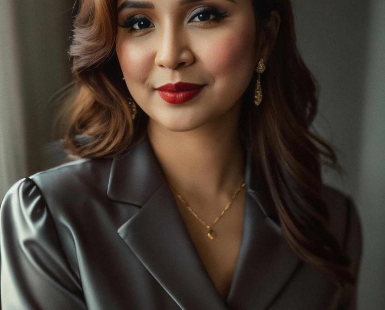 a woman in a suit and red lipstick