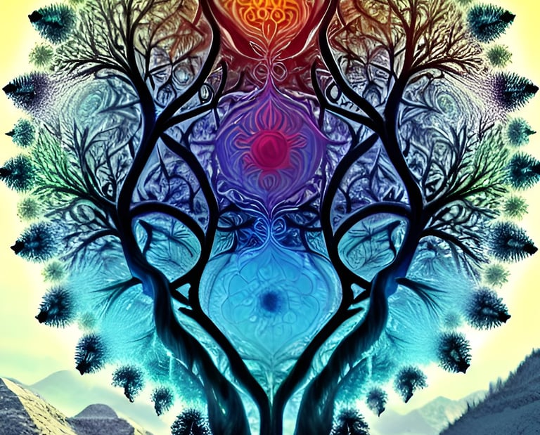 a tree with a rainbow colored tree in the background
