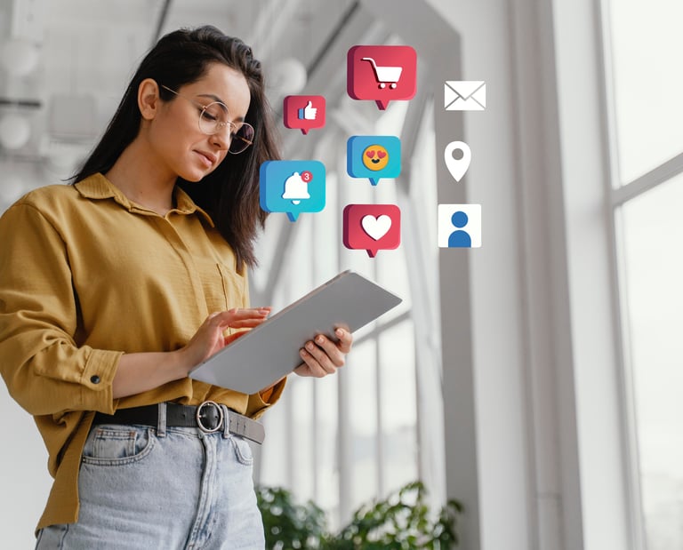 Una mujer sosteniendo una tablet en la que sobresalen likes, mails y notificaciones