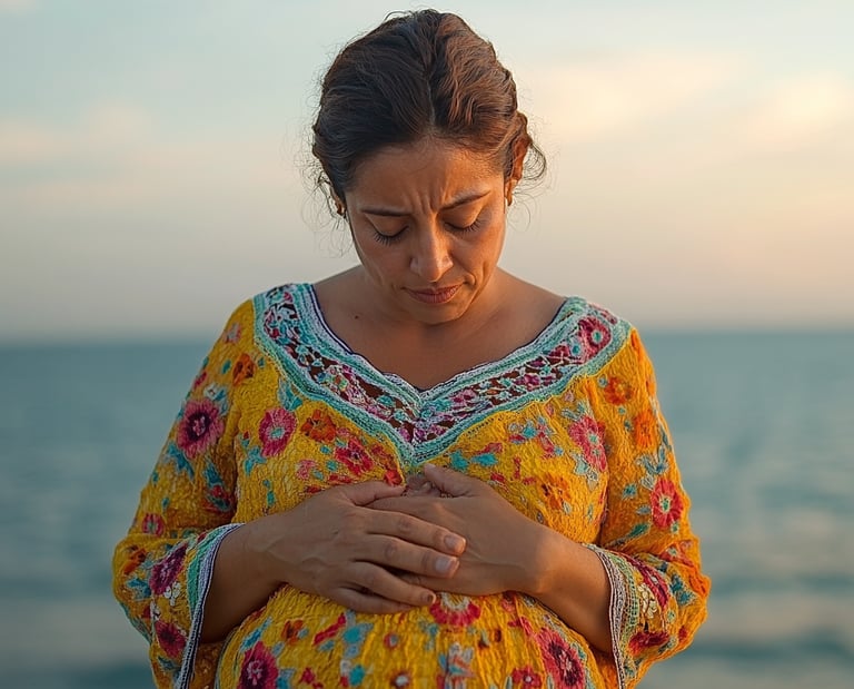 Mujer tocándose el pecho y viendo hacia el suelo con un fondo de mar 