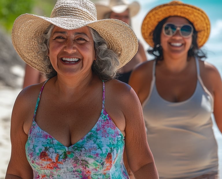 Tres mujeres mayores caminando en la playa con ropa de verano y sombreros 