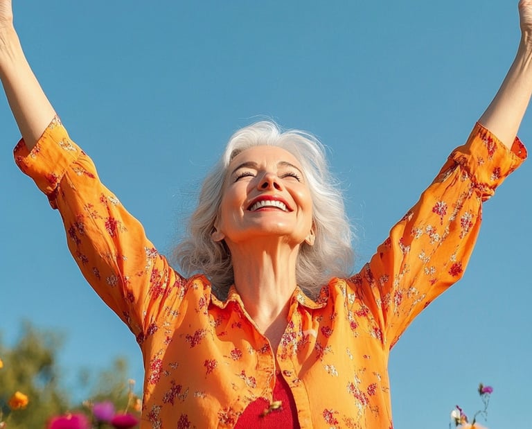 Mujer de entre 40-60 años levantando las manos al aire con expresión sonriente