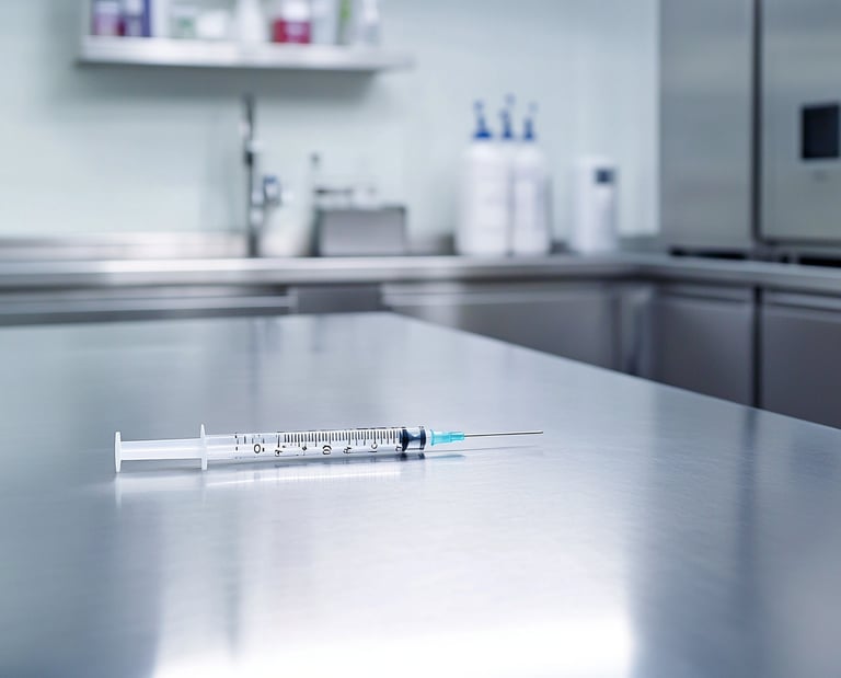 jeringa sobre la mesa de acero inoxidable de un laboratorio 