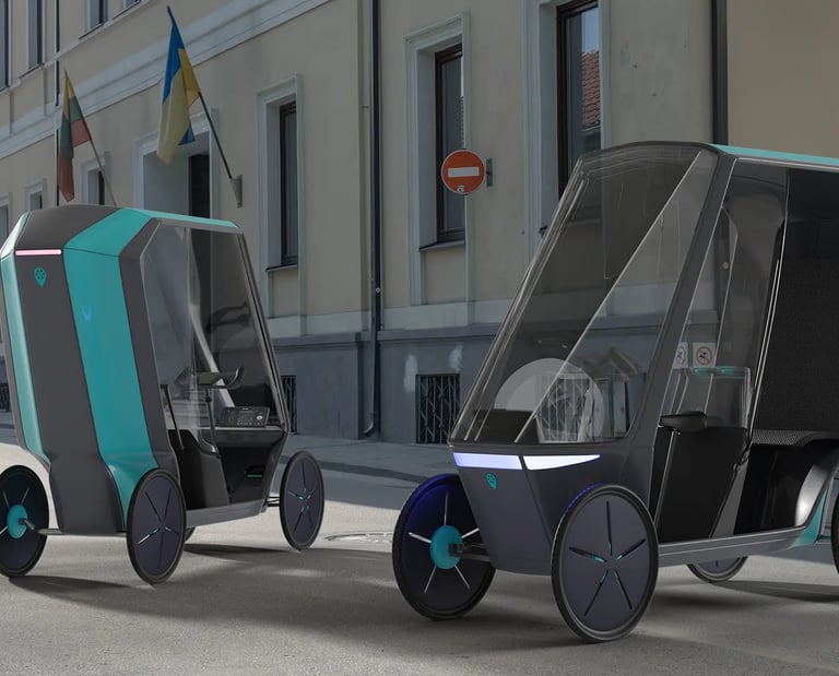 TaxiBike hybrid velomobile navigating urban streets, showcasing carbon-fiber body, modular seating, 