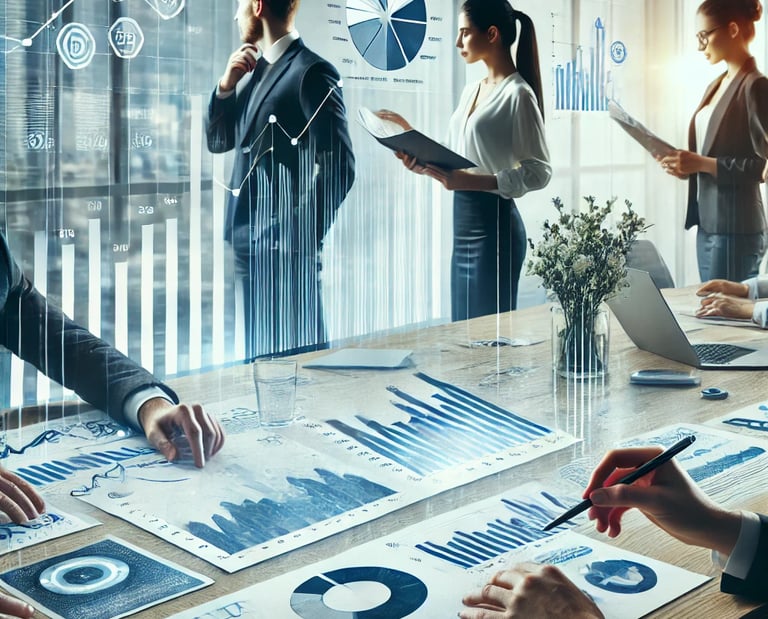 Analyse von Geschäftsdaten im Team – Fokus auf Diagramme, digitale Kennzahlen und strategische Unternehmensplanung