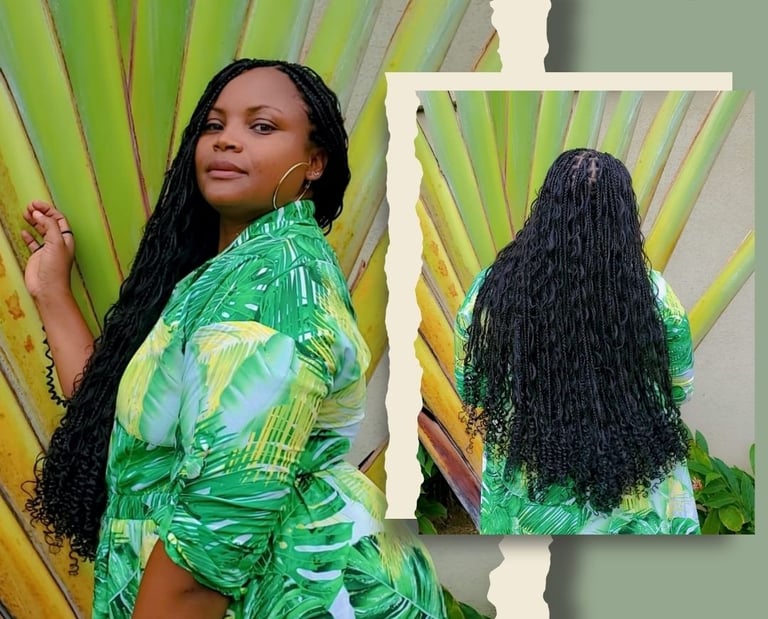 Stylish tribal braids with curls professionally done at Kwik Fingaz Beauty Salon in Montego Bay.