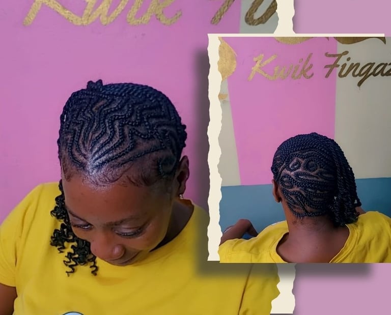 client rocking natural hair styled with sleek side cornrows at Kwik Fingaz Beauty Salon in Montego Bay.
