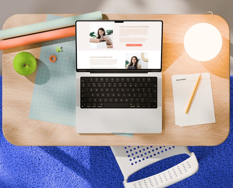Top-down view of a laptop showing personal branding courses on a modern wooden desk with stationery.
