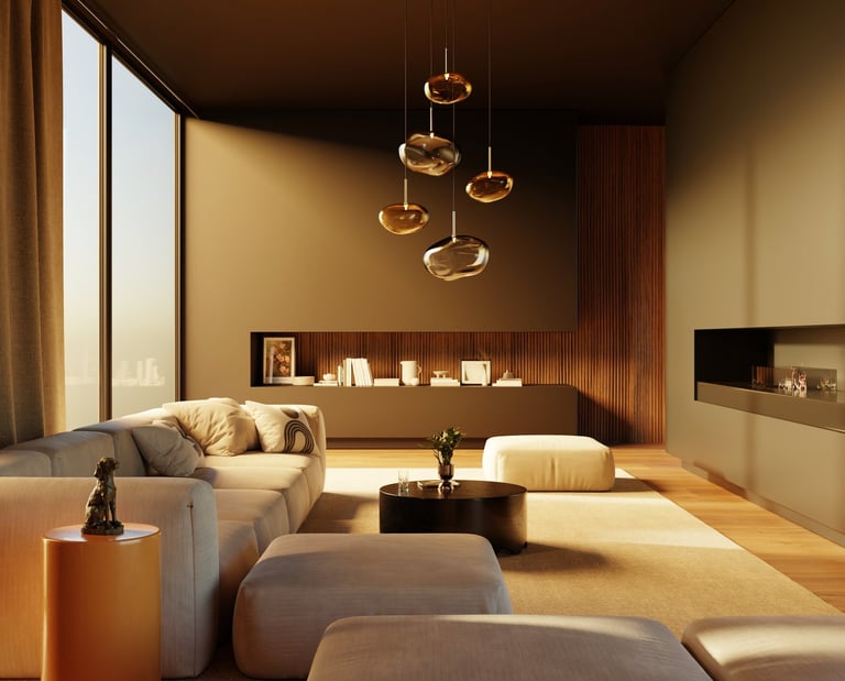Rendu 3D photoréaliste d’un salon contemporain au coucher du soleil, avec canapés beiges, suspension design en verre soufflé,