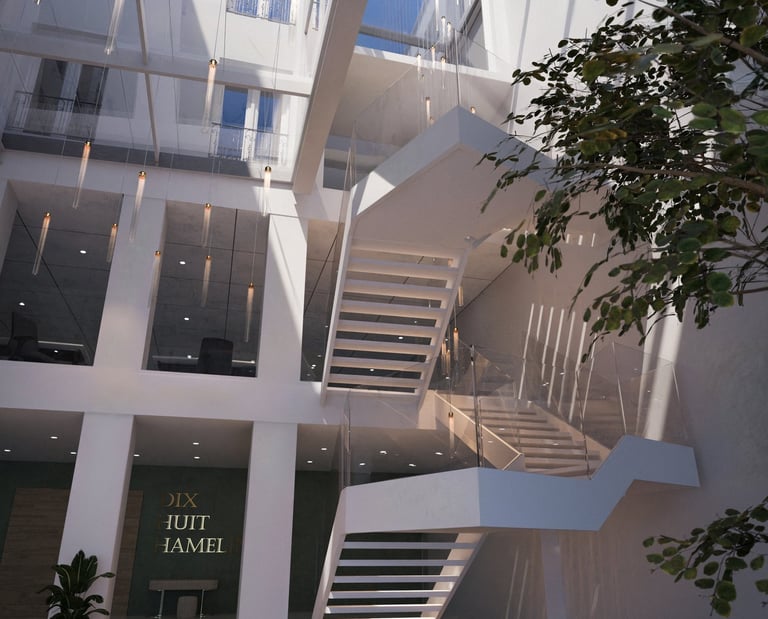 Rendu 3D photoréaliste d’un atrium moderne avec verrière, escalier blanc design, sol en marbre et suspensions lumineuses.