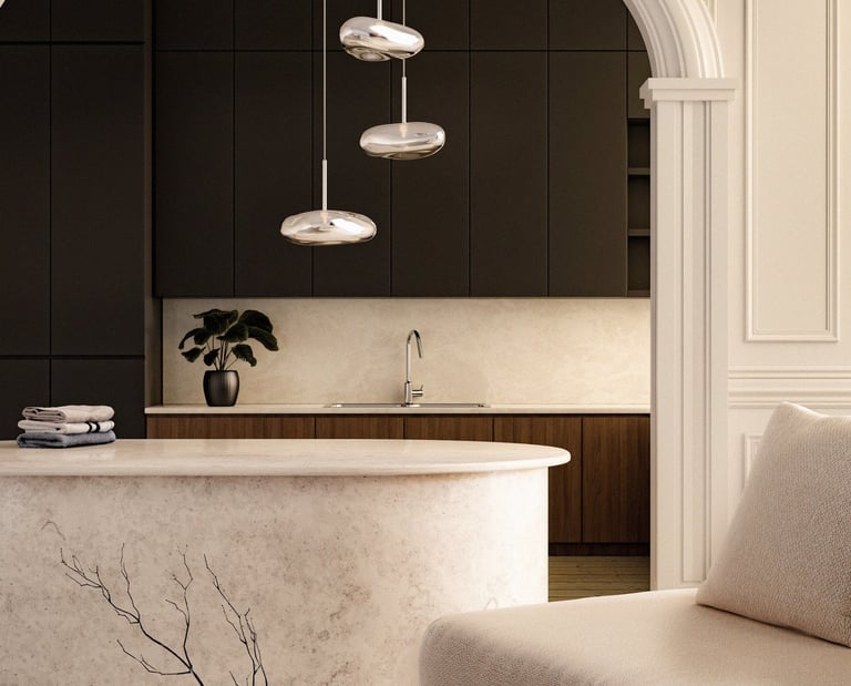 salon avec lustre chromé minimaliste et tendance marbre et bois