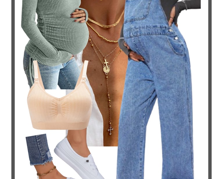 Collage of cozy maternity denim overalls styled with sneakers, top, nursing bra, necklace, earrings