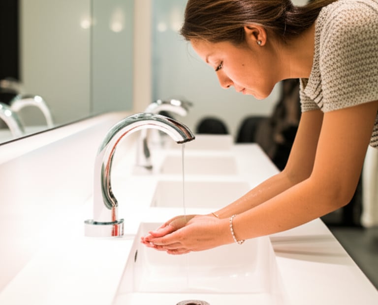 Pessoa lavando as mãos usando uma torneira de shopping, torneira com sensor Samogin
