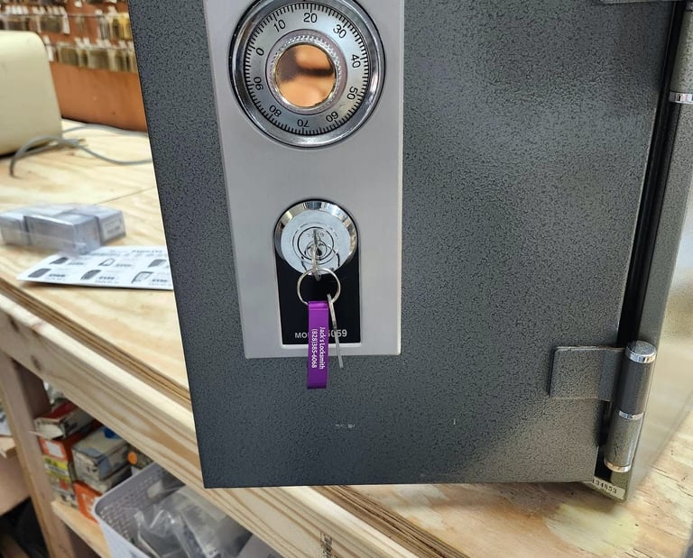 A grey safe with a combination dial and key lock visible on the front
