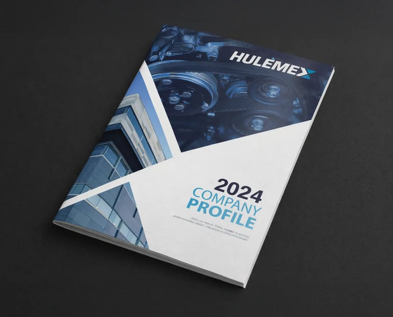 Copertina company profile Hulemex 2024 con edificio industriale e dettagli meccanici coordinati.