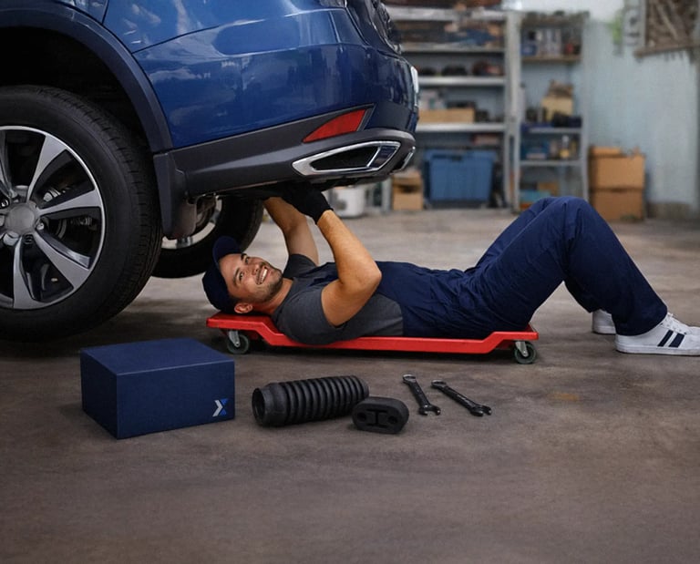 Meccanico sotto l’auto con scatola Hulemex, esempio di packaging coordinato e branding consapevole.