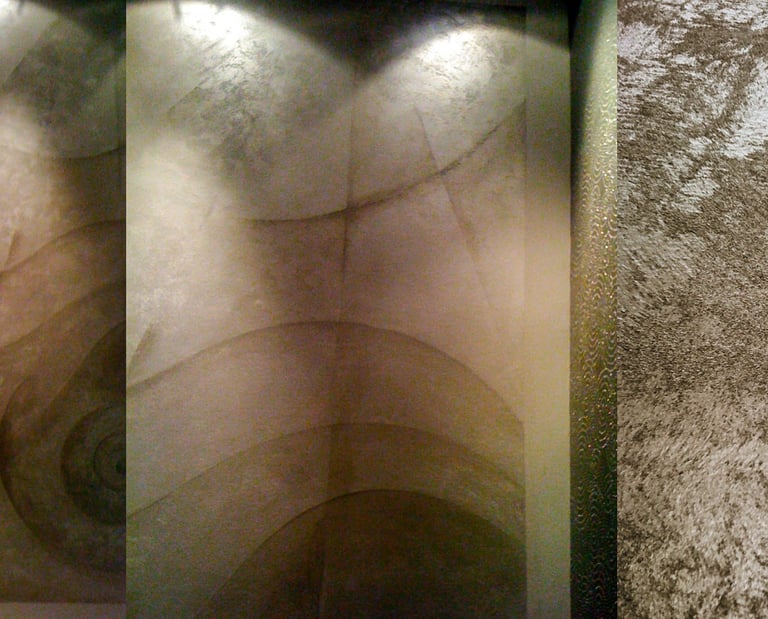 Three images depicting a luxurious grainy silver paint finish