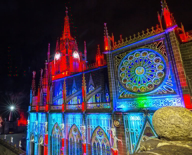 a large building with a projection mapping on it