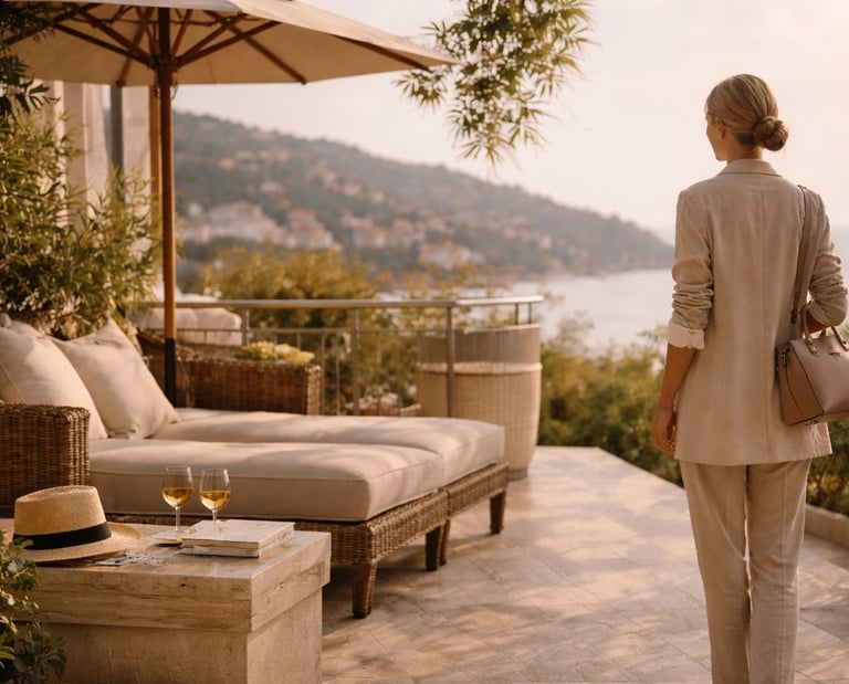 Elegant woman on luxury terrace overlooking coastal landscape.