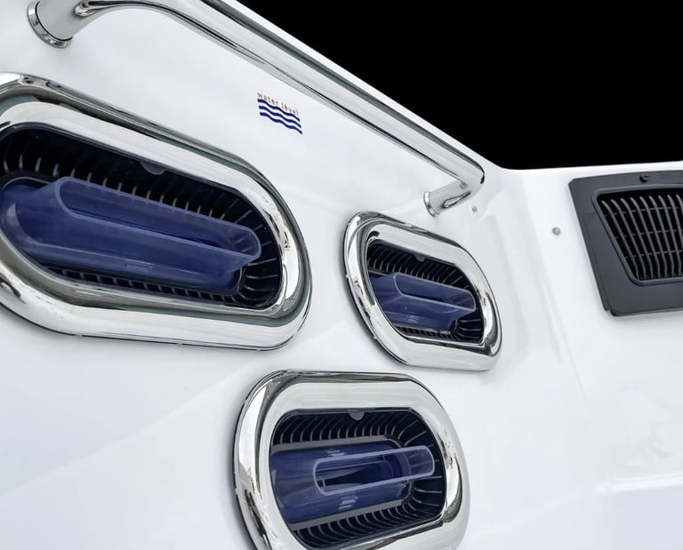 a close up of a white boat with blue and white trim