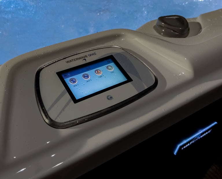 a hot tub with a large white tub and a black background