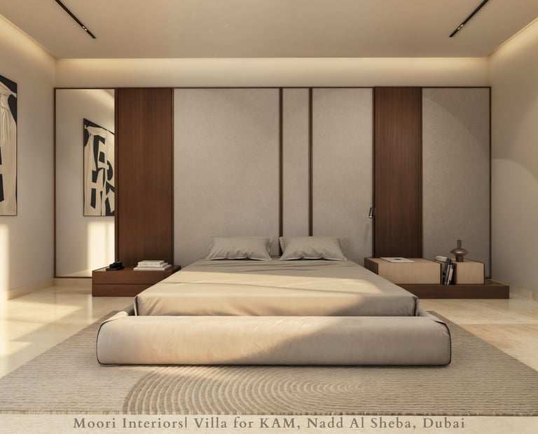Japandi bedroom design with minimalist wooden accents and a serene color palette
