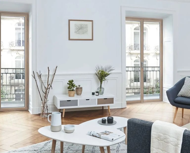 Porte-fenêtre bois aluminium dans salon d'appartement haut de gamme, finitions premium et lumière
