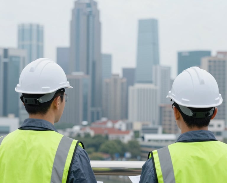 Two construction engineers wearing white hard hats and safety vests look over a city skyline.