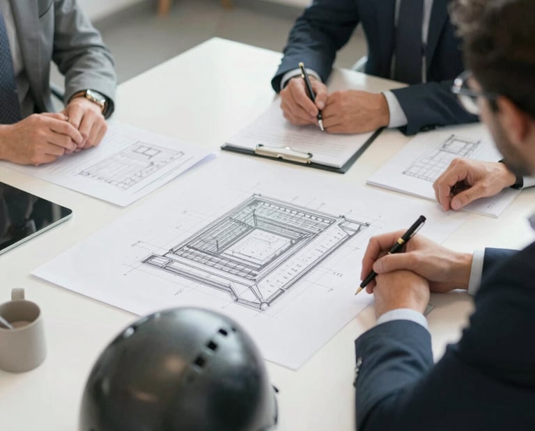 Architects in business suits review detailed construction blueprints and building plans on an office table.