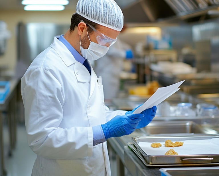 A food safety inspector in a white lab coat and hairnet reviewing quality control documents in a commercial kitchen.