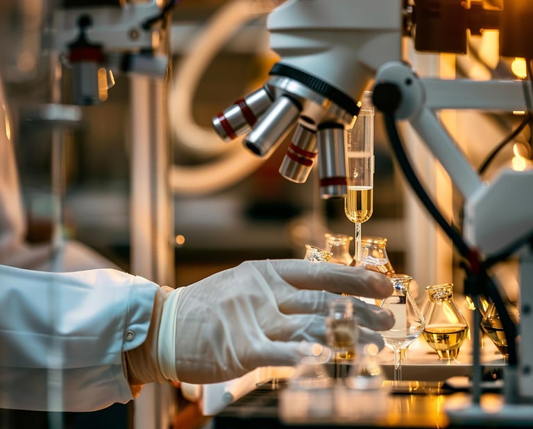 ​Scientist in white gloves using a laboratory microscope to analyze liquid enzyme samples in glass v