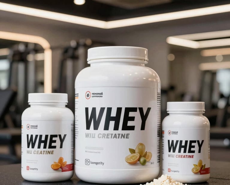 A close-up of supplement bottles and protein powders arranged on a wooden table.