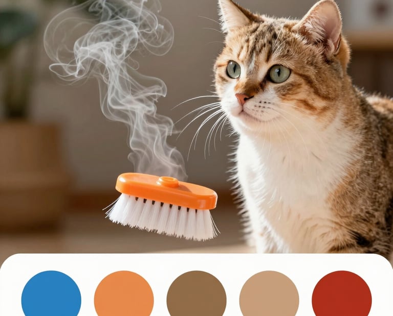 Un gato mira un cepillo naranja para mascotas flotante con vapor sobre él.