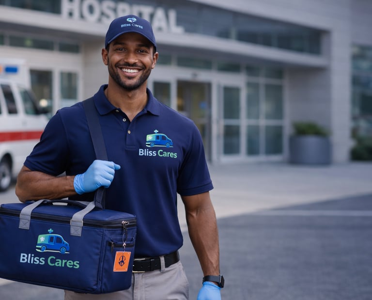 A smiling Bliss Cares medical courier holding a transport bag outside a hospital for organ delivery.