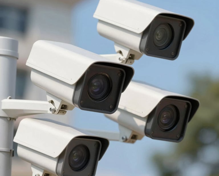 Close-up of a modern CCTV camera mounted on a building corner.