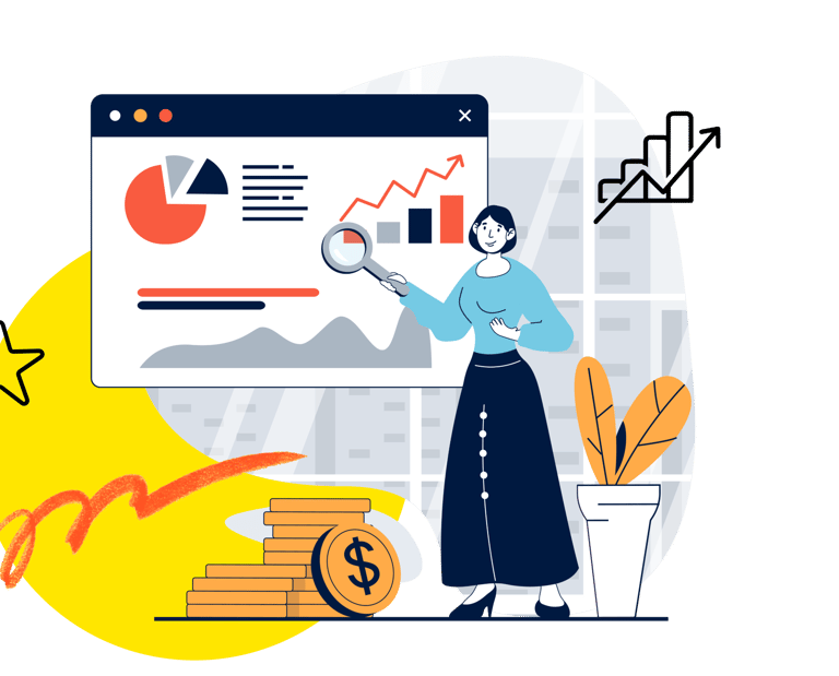 Woman analyzing financial data dashboard with charts, graphs, and coins for business growth.