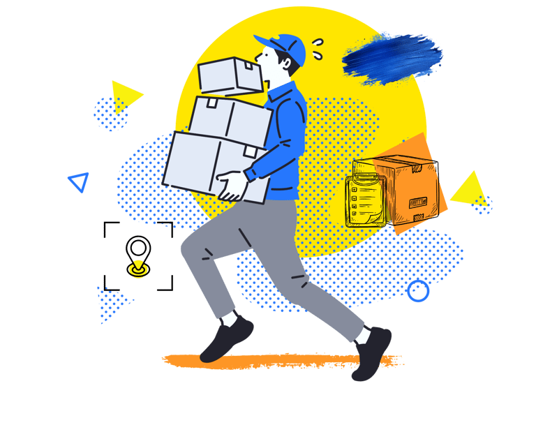 Courier carrying a stack of shipping boxes illustrating fast delivery logistics and order fulfillment.