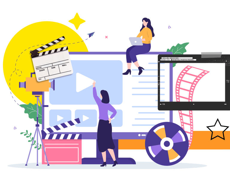 Flat vector illustration of editors creating video content using digital software and film production tools.
