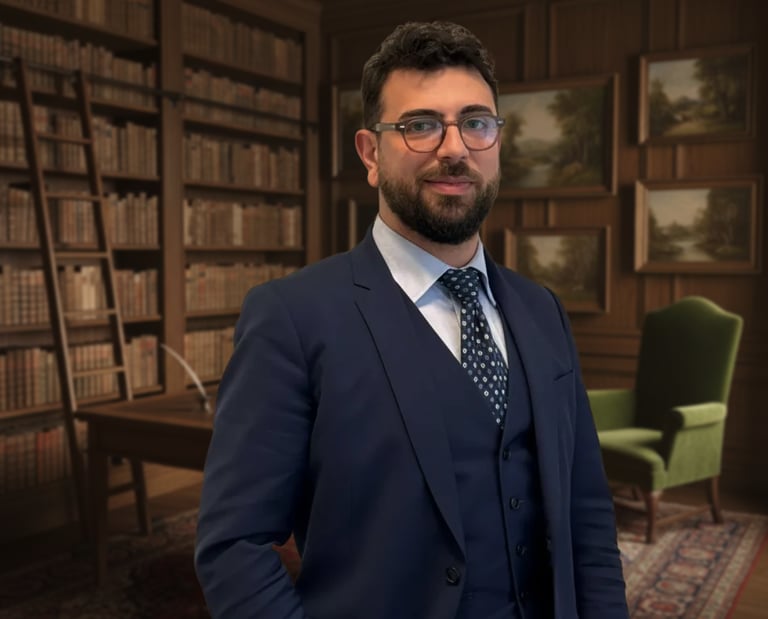Lawyer in a navy blue three-piece suit standing in a classic library with bookshelves.