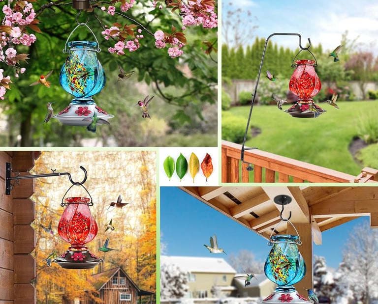 Hand-blown glass hummingbird feeders hanging outdoors in various garden settings across all four seasons.