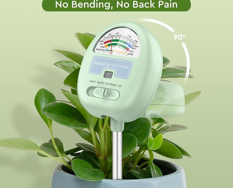 Foldable Raintrip soil tester measuring moisture, light, nutrient, and pH levels in a potted plant.