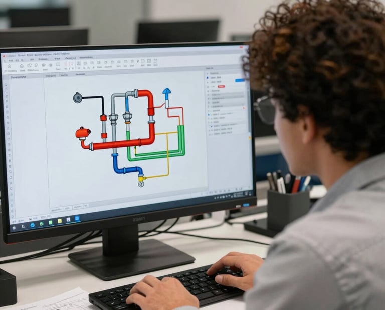 Engineer reviewing fire protection system blueprints in a modern office.