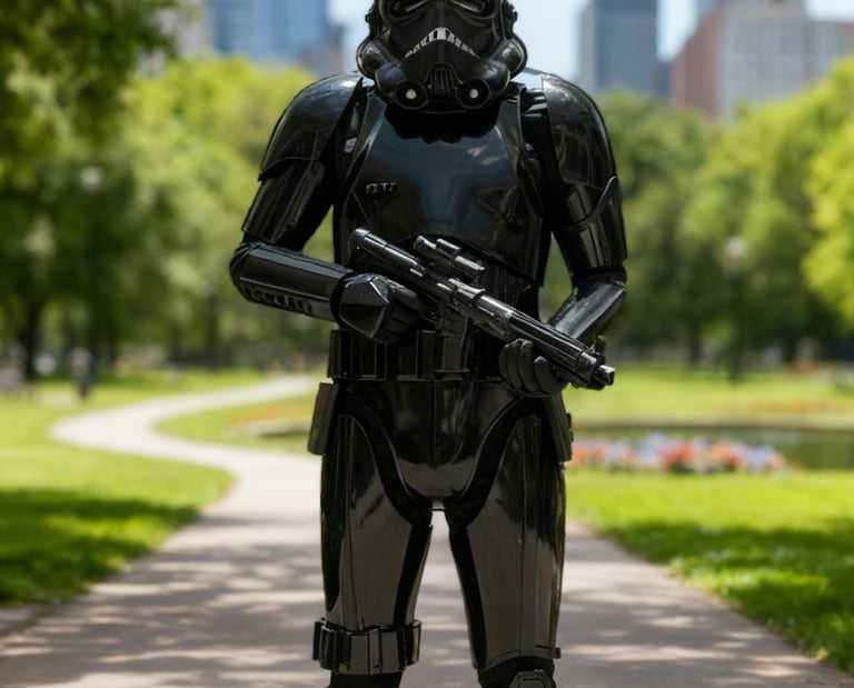 A person in a black Shadow Stormtrooper costume holding a blaster in a sunny city park.