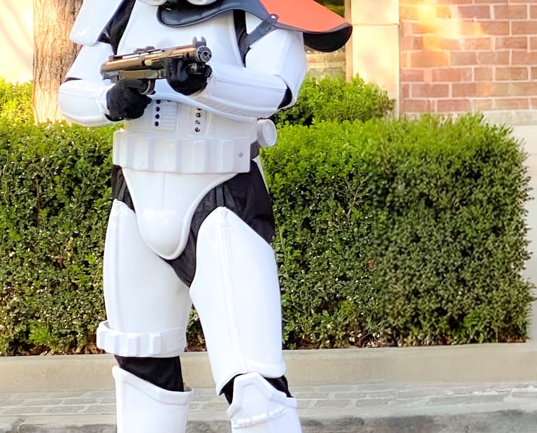 A person in a detailed Star Wars Stormtrooper cosplay costume holding a blaster rifle outdoors.